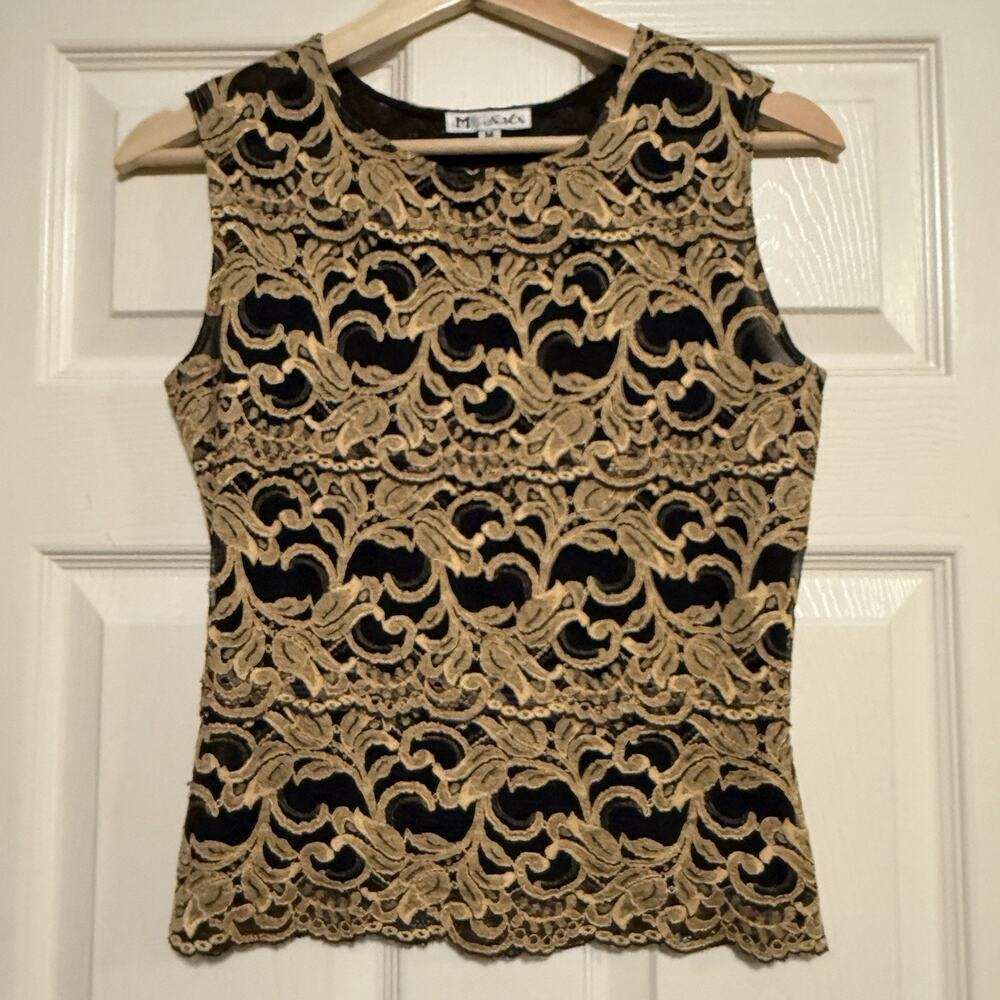 VTG 90s Y2K Lace Gold Champagne Fitted Top SIZE MEDIUM Sleeveless Whimsygoth Blk